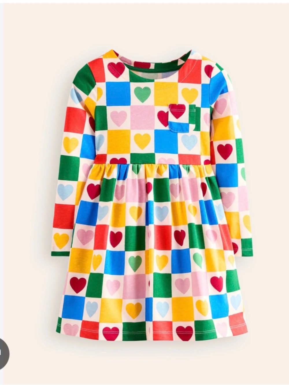 Boden Multicolor Heart-Print Long Sleeve Kids Dress Sz 7-8